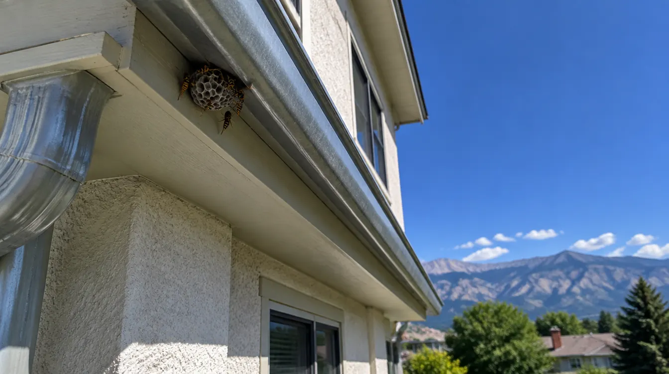 Paper wasp nest at the gutter line of a cream stucco Denver home